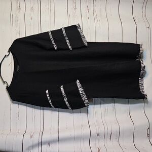 For Cynthia Black Dress Fringe Trim Bell Sleeve Black‎ Dress, SIZE M